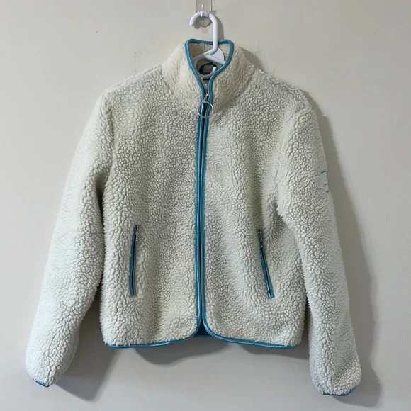 NWOT Ivory Ella Chloe White Sherpa Blue Satin Lined Full Zip Jacket Size Small - Picture 2 of 12